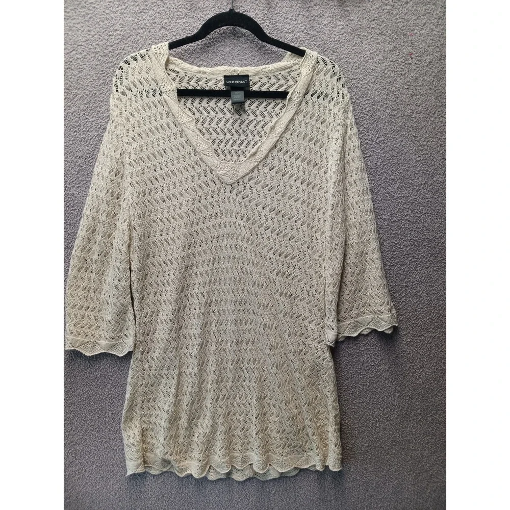 Lane Bryant Open Knit Sweater 22/24 Cream Boho Sheer V Neck Plus Cottagecore